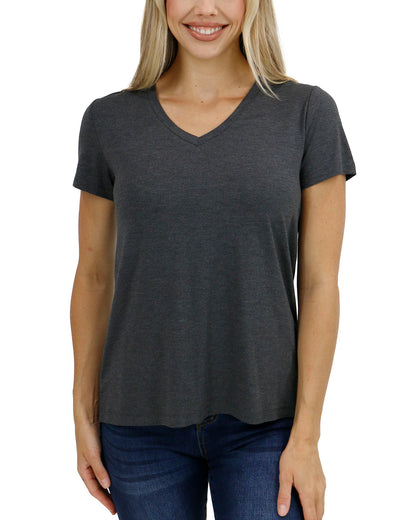 front view stock shot of charcoal v-neck tee