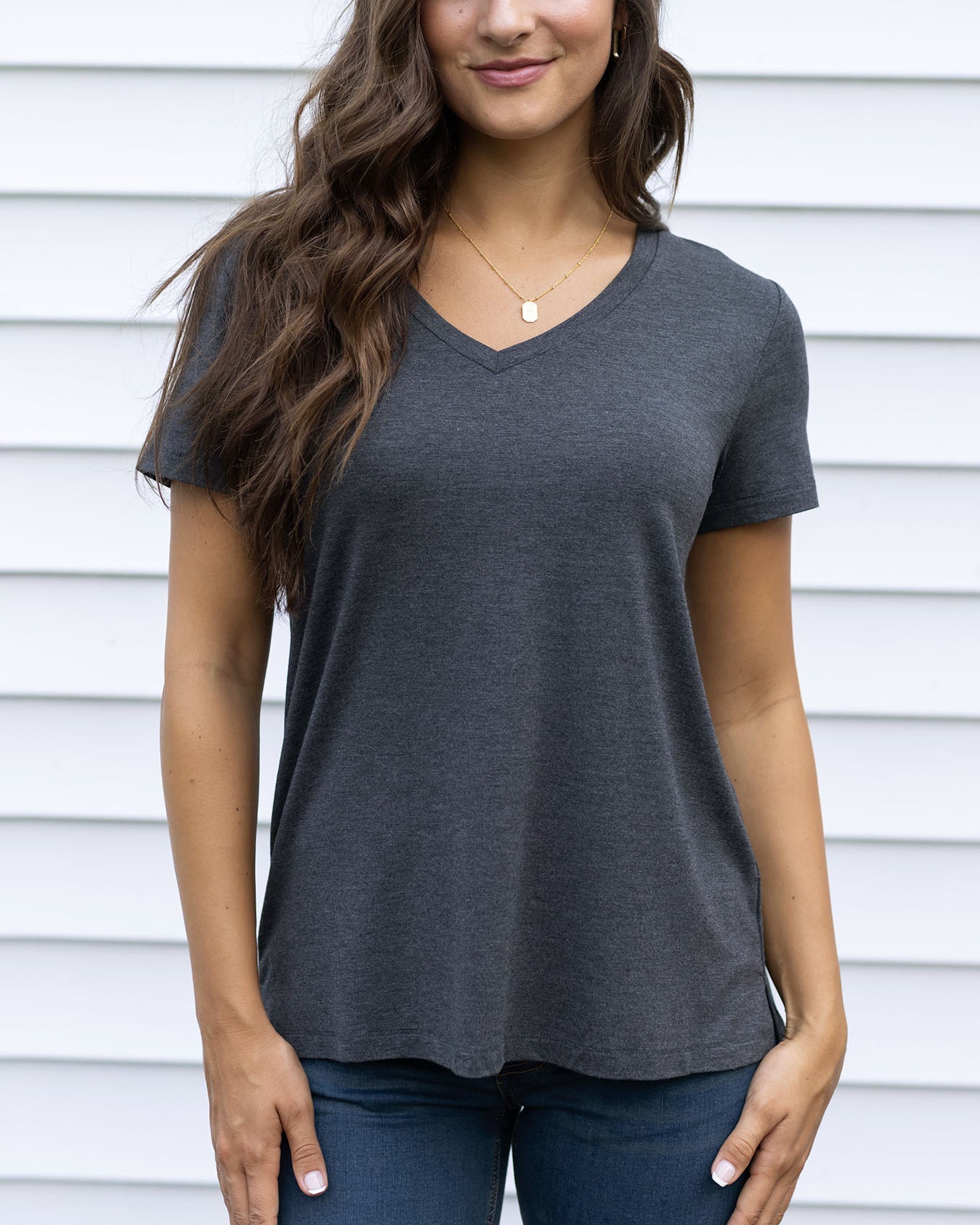 front view of charcoal v-neck tee