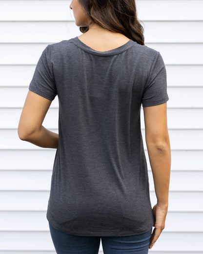 back view of charcoal v-neck tee