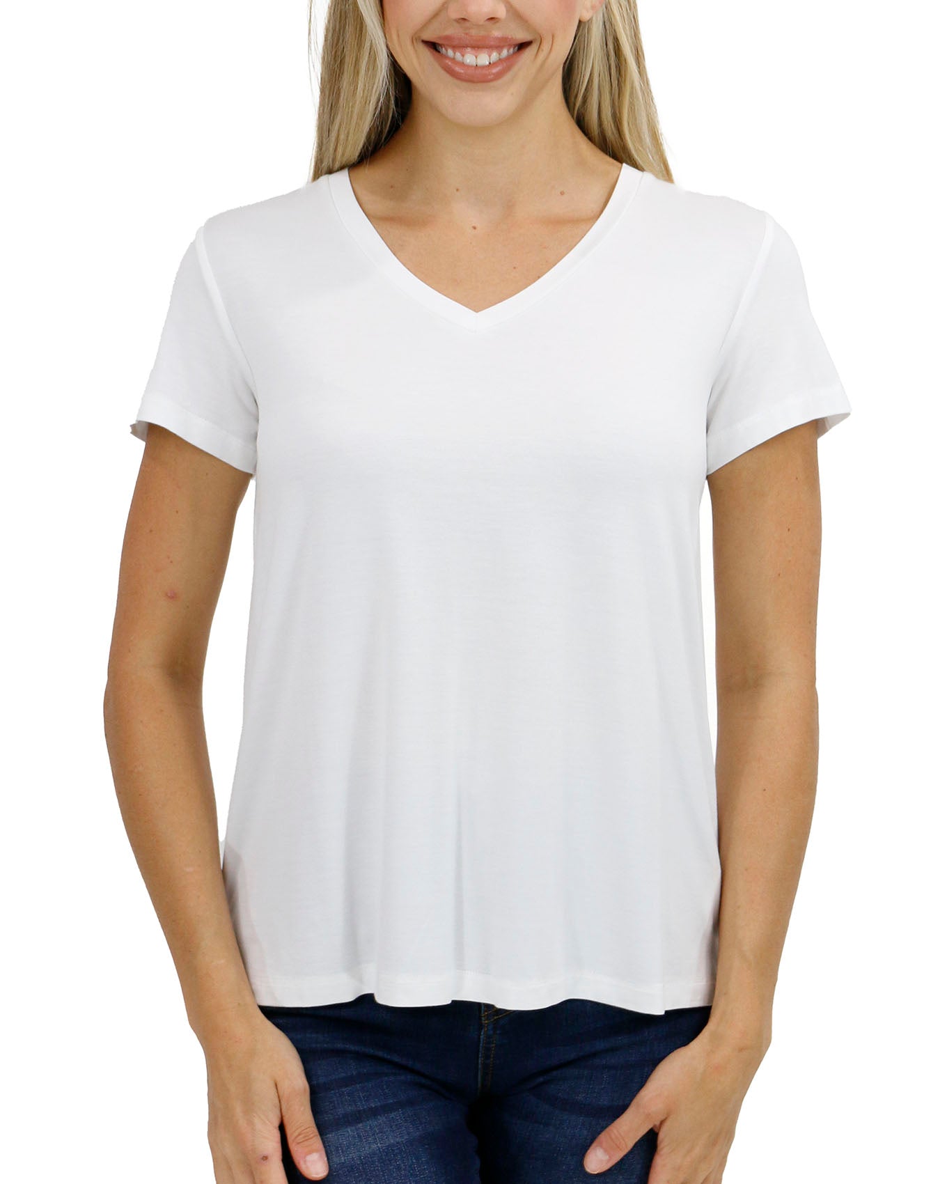 front view stock shot of ivory v-neck tee