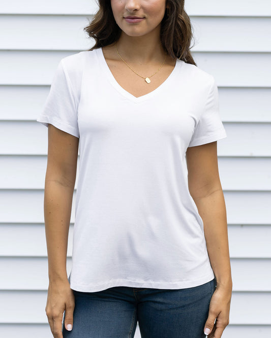front view of ivory v-neck tee