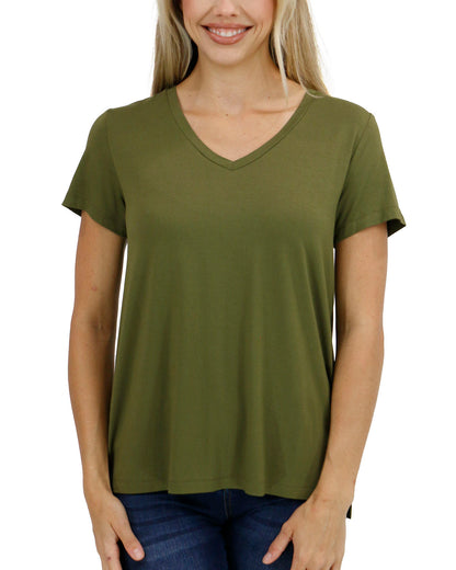 front view stock shot of olive v-neck tee