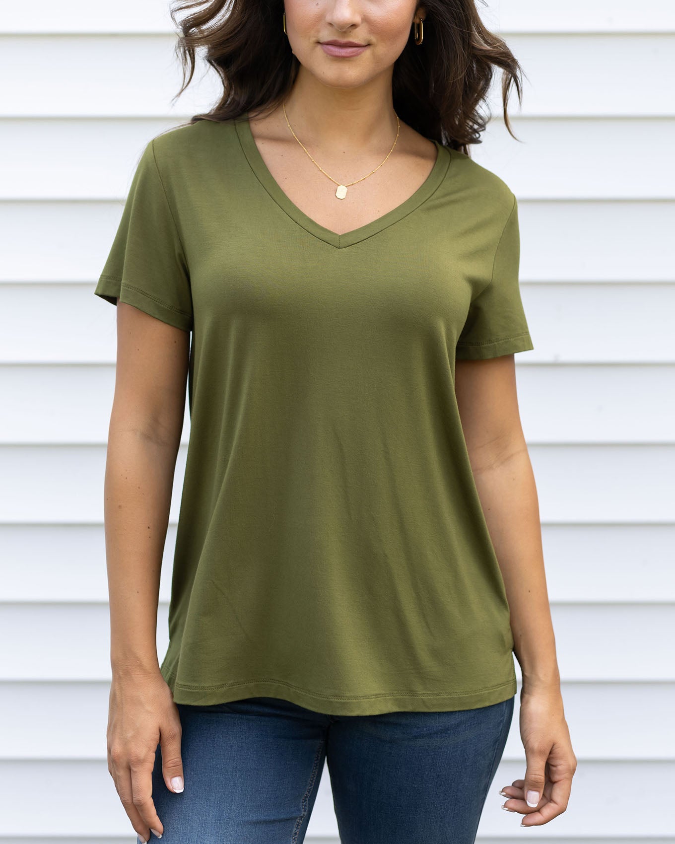 front view of olive v-neck tee