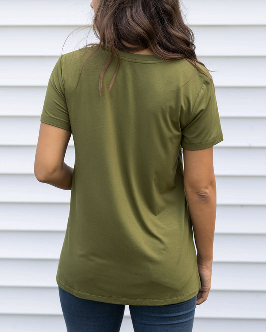 front view of olive v-neck tee