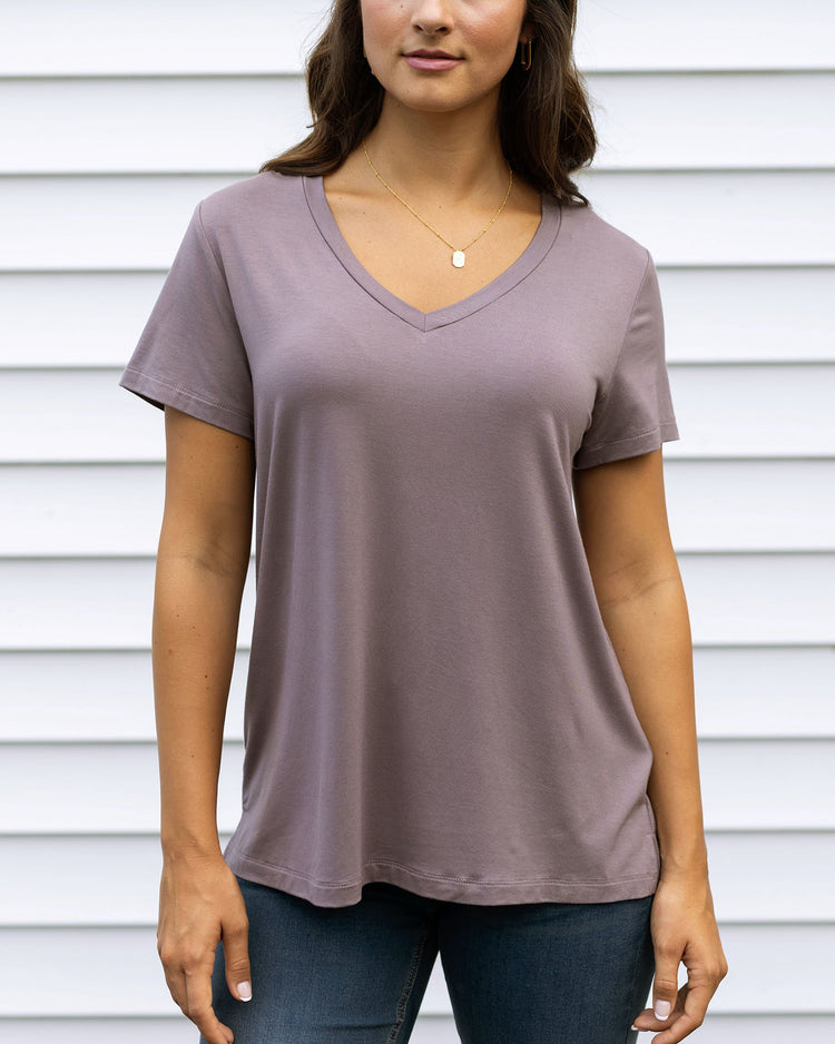 front view of purple v-neck tee