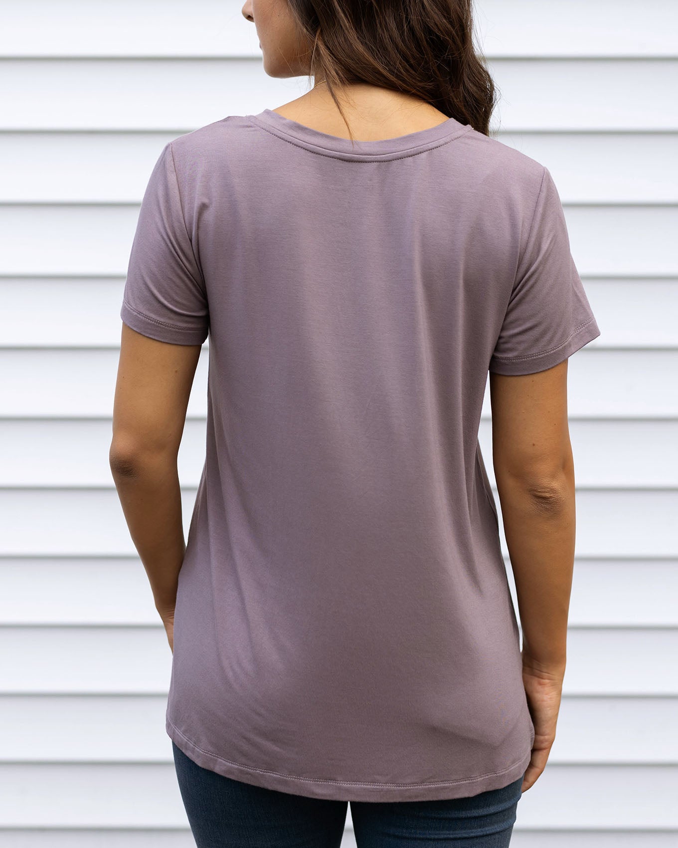 back view of purple v-neck tee