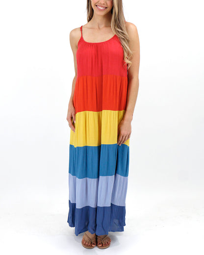 front view stock shot of color-block maxi dress without waist tie women's tiered maxi dress