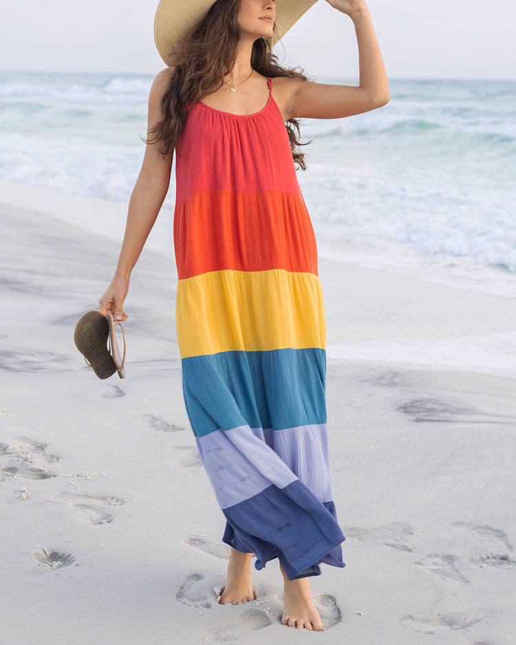 front view shot of color-block flowy maxi dress without waist tie women's tiered maxi dress