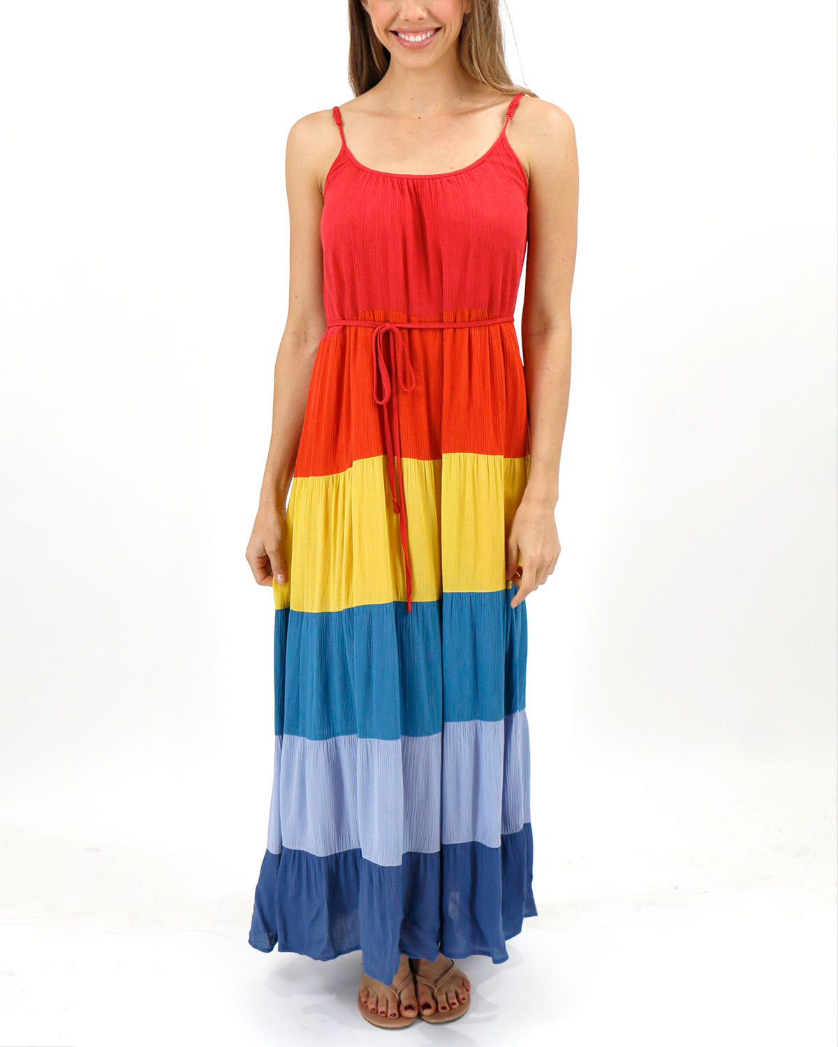 full body stock shot of color-block maxi dress with included waist tie women's tiered maxi dress