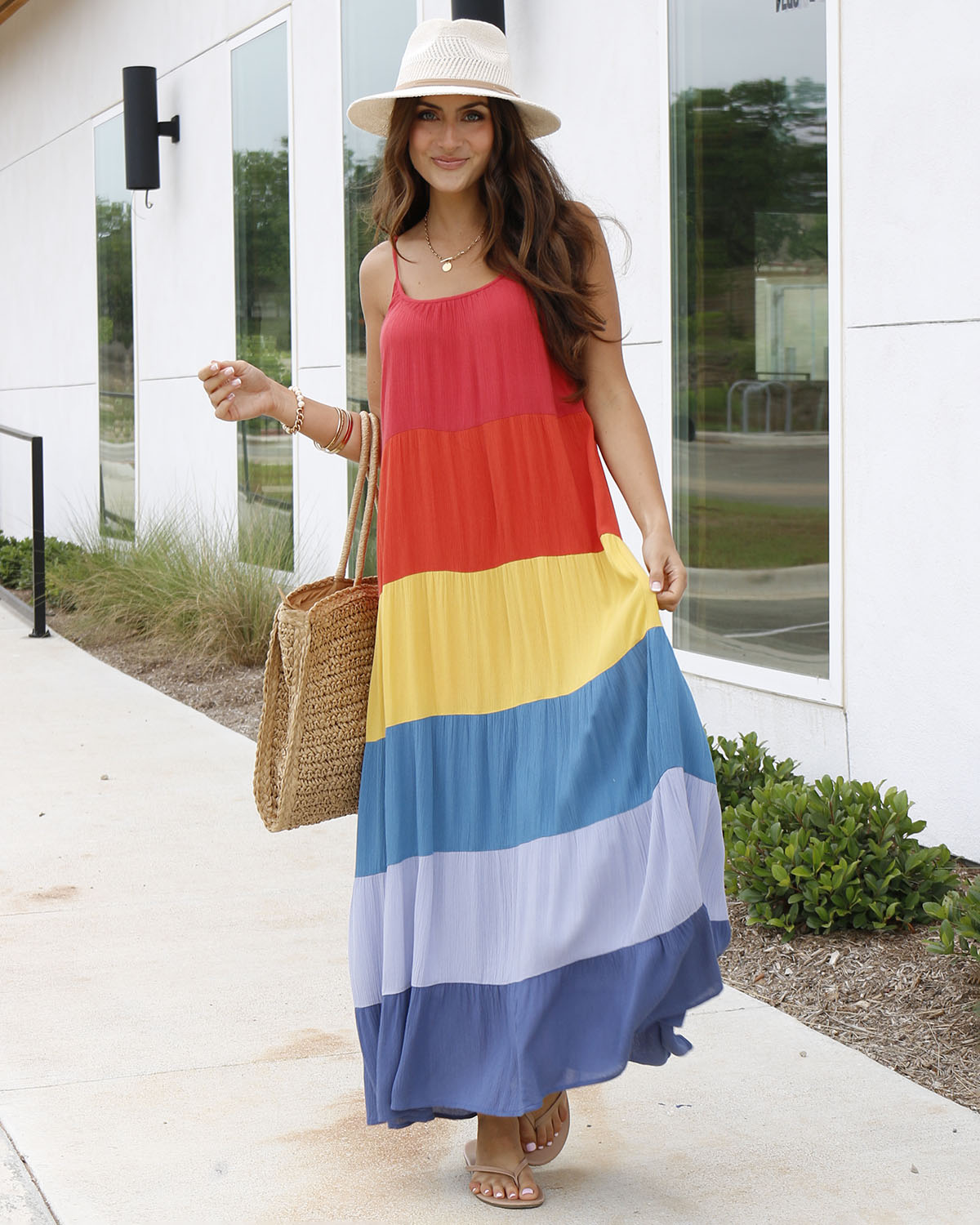 front styled view of color block maxi dress women's tiered maxi dress