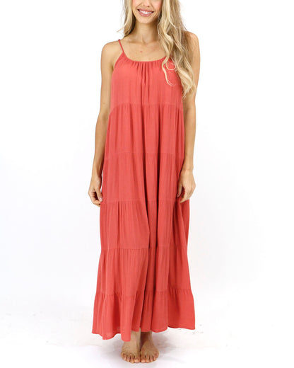 front view stock shot of sun baked maxi dress without waist tie vacation tiered maxi dress