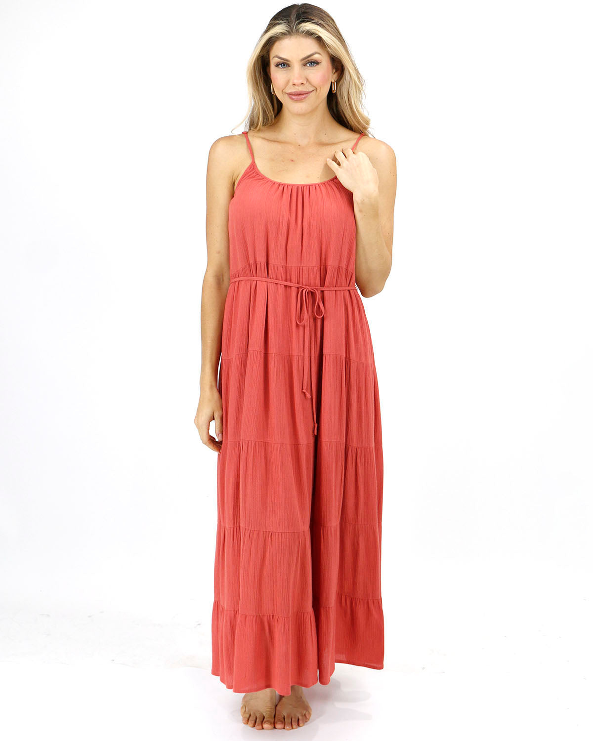 full body stock shot of sun baked maxi dress with included waist tie vacation tiered maxi dress