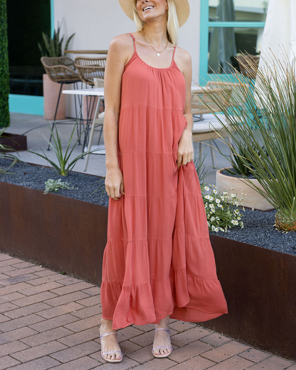 front view of sun baked flowy maxi dress vacation tiered maxi dress