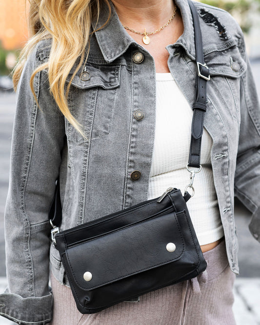 front view black belt bag