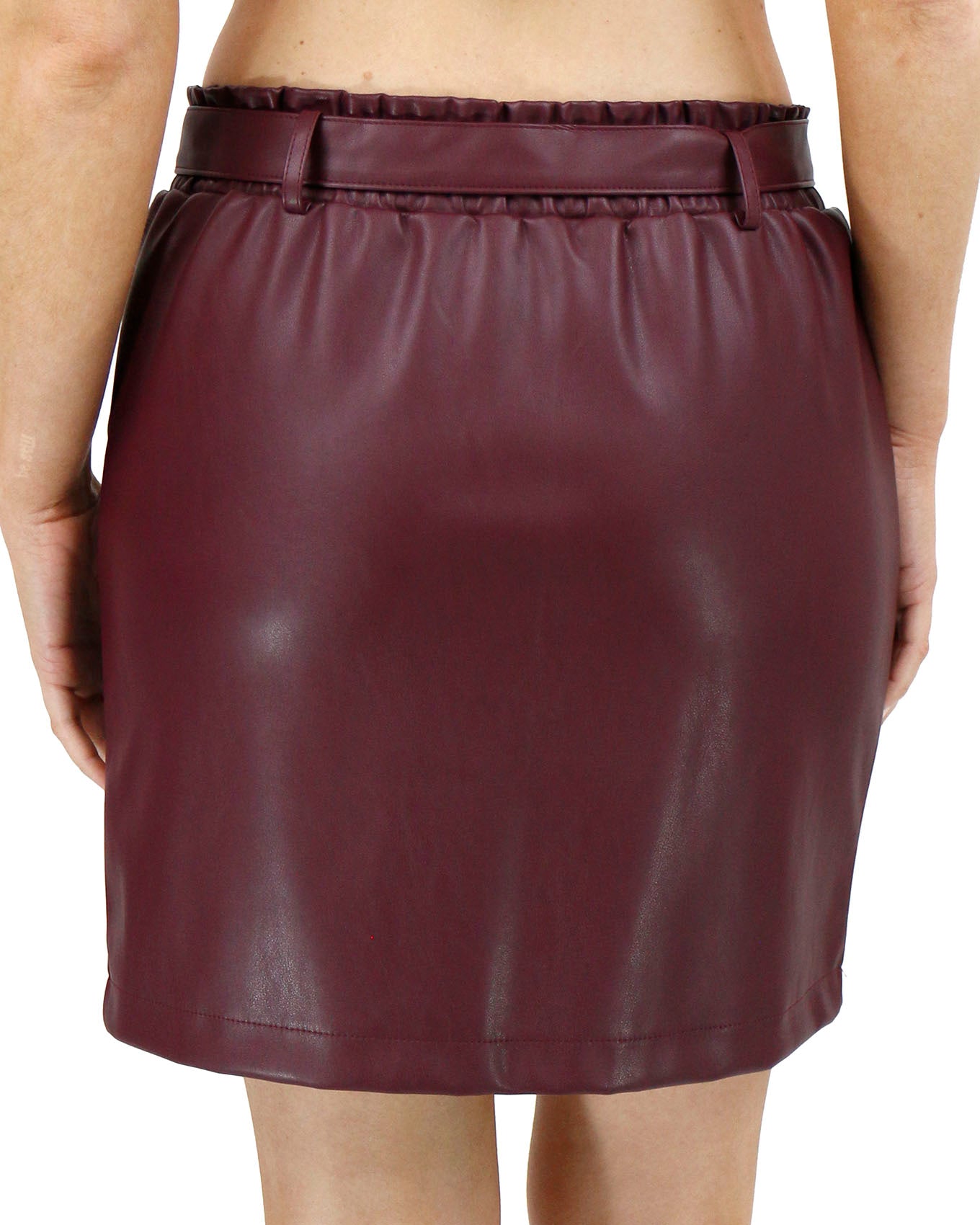 back view stock shot of butter faux leather red skirt
