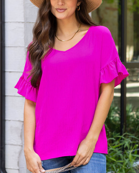 front view of hot pink ruffle sleeve shift top women's shift blouse