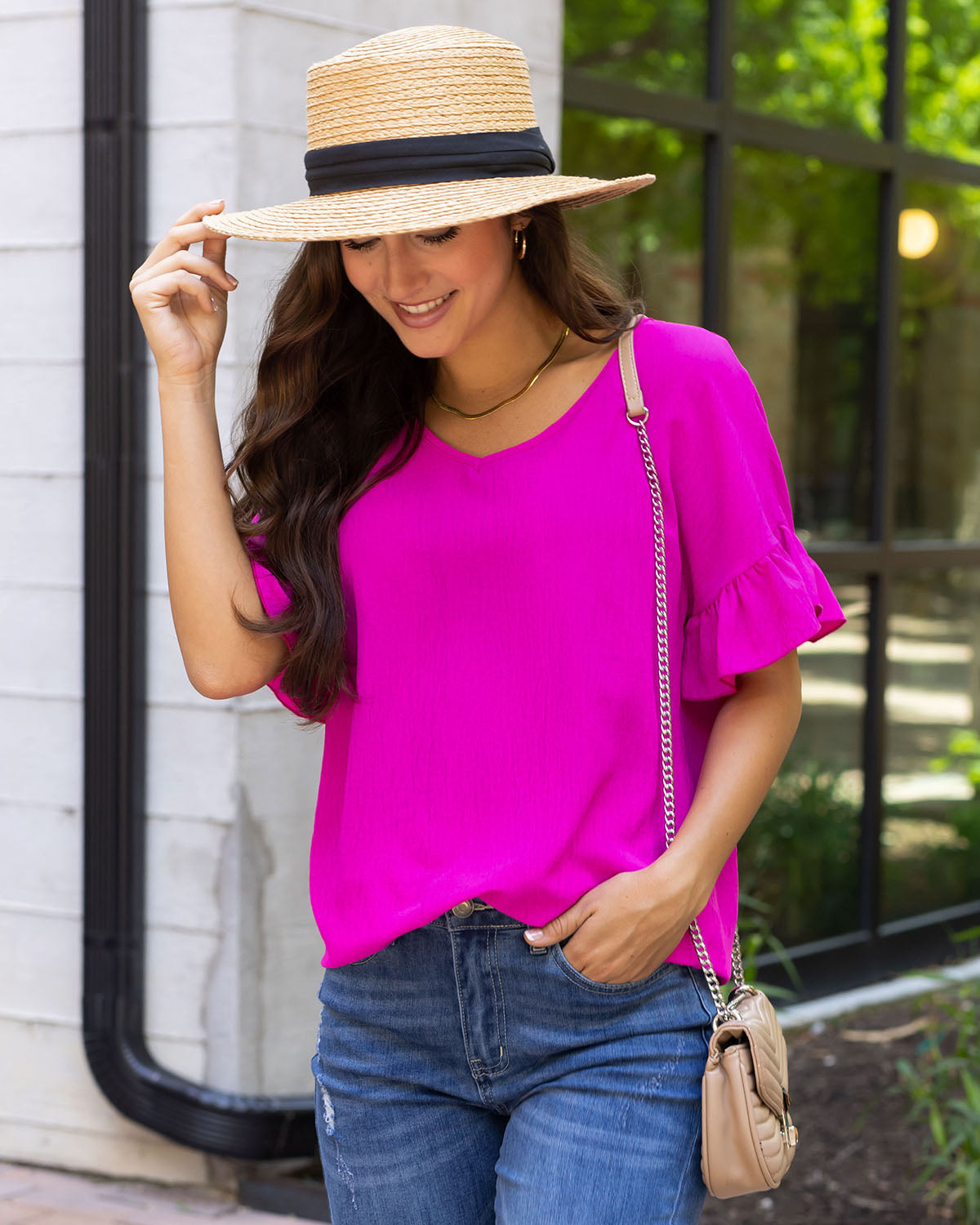 front/side view of hot pink ruffle sleeve shift top  women's shift blouse