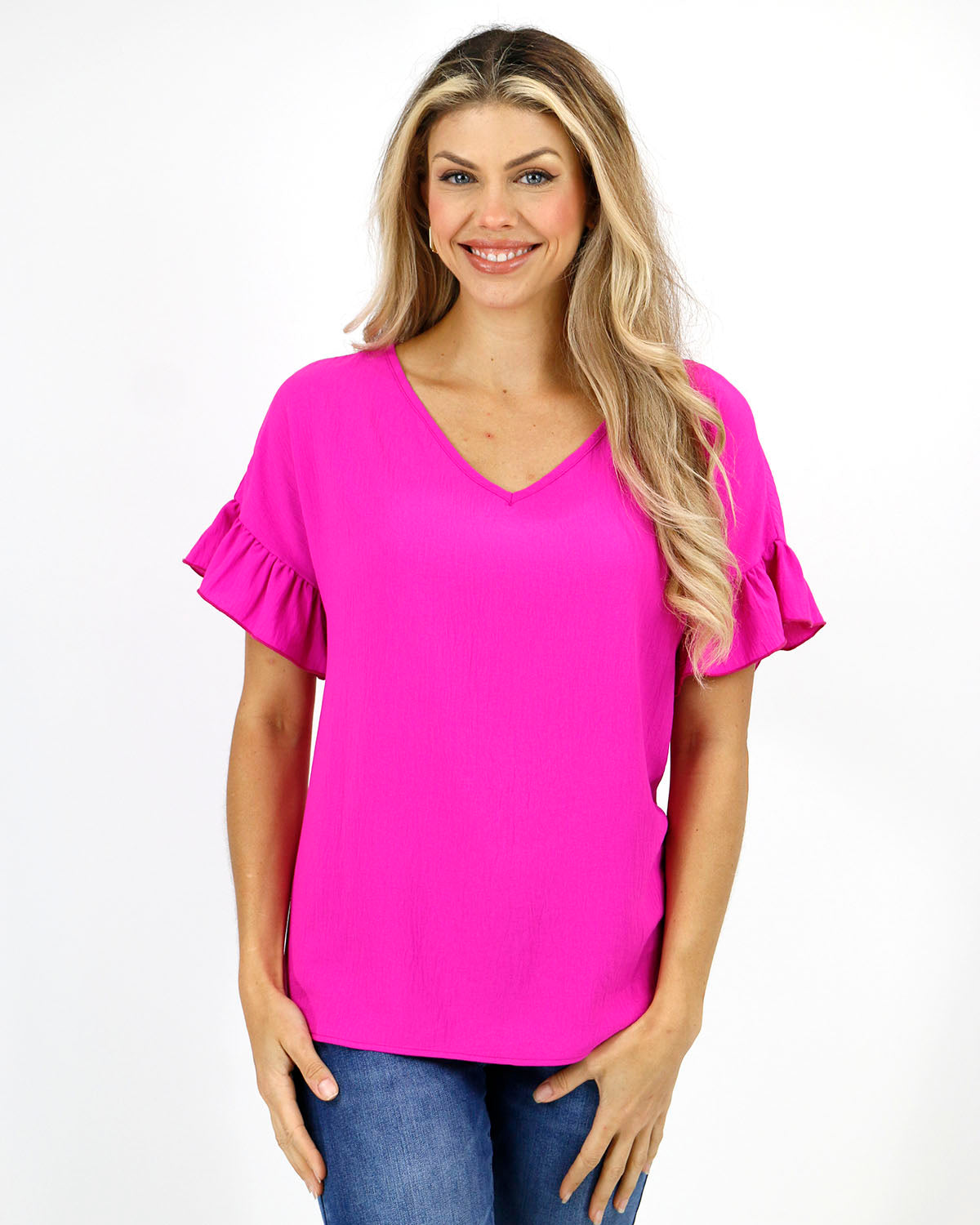 front view stock shot of hot pink ruffle sleeve shift top women's shift blouse