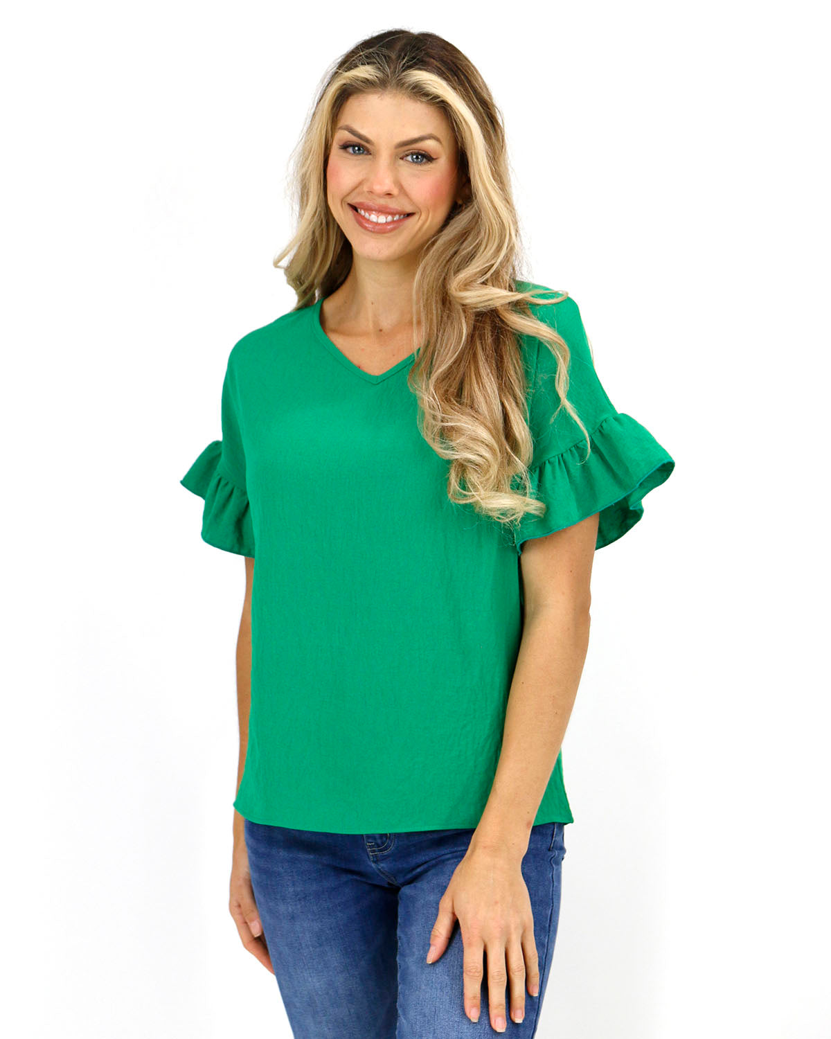 stock shot of vivid green ruffle sleeve shift top women's shift blouse