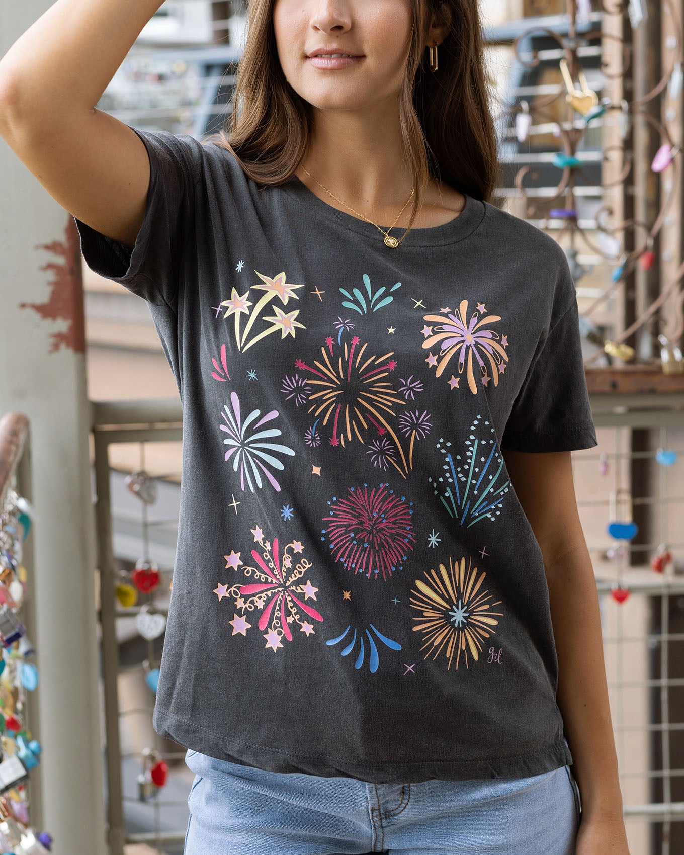 Women's Graphic Tees Vintage Fireworks Font