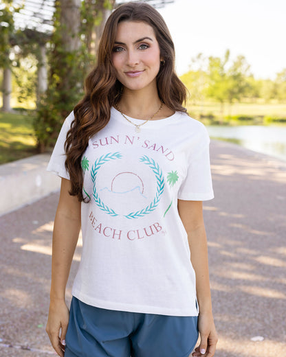 Front styled view of beach club vintage fit graphic tee