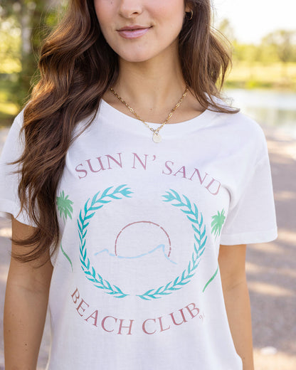 Close up view of beach club vintage fit graphic tee