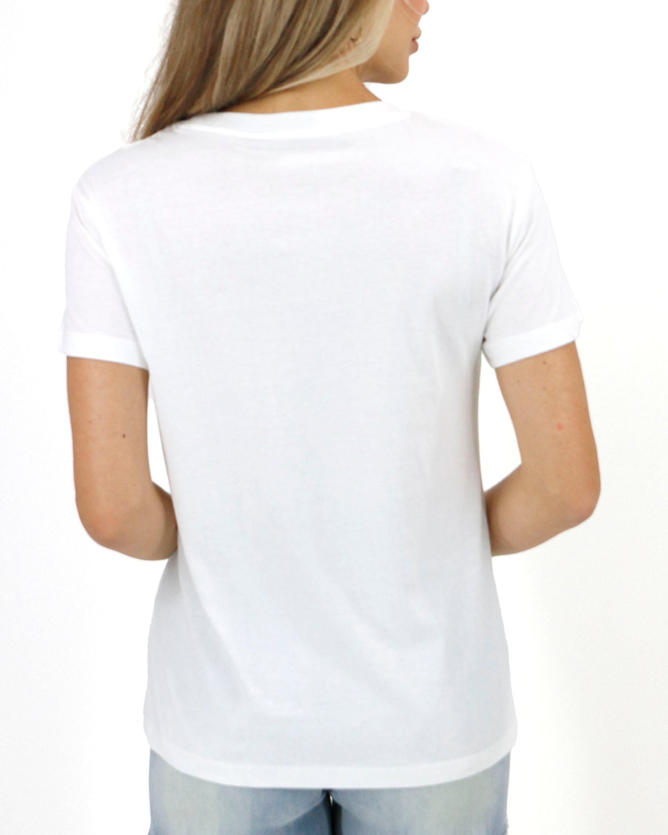 Back view stock shot of white beach club graphic tee