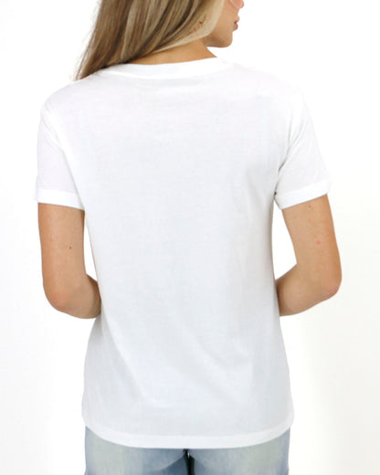 Back view stock shot of white beach club graphic tee