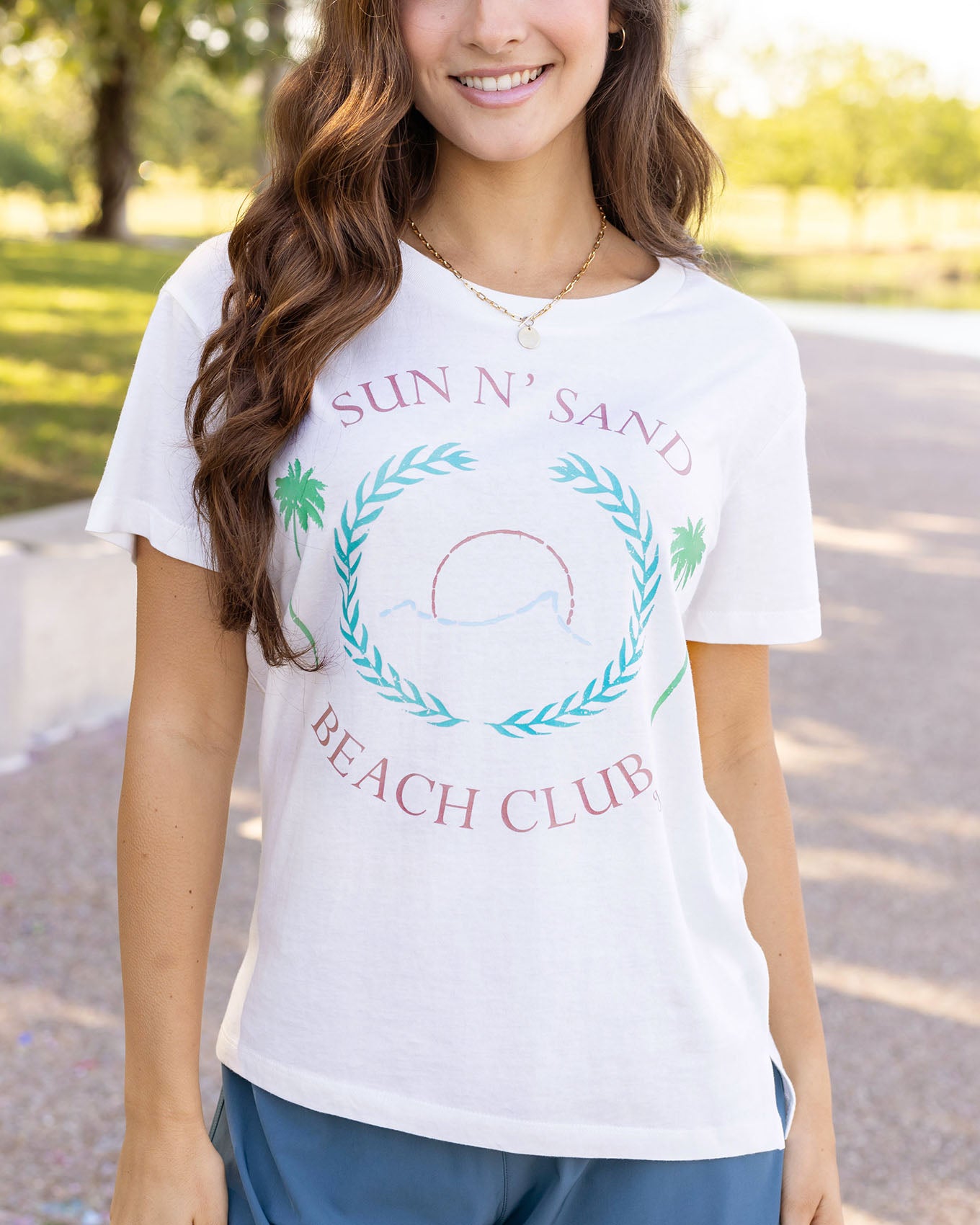 Front view of beach club vintage fit graphic tee