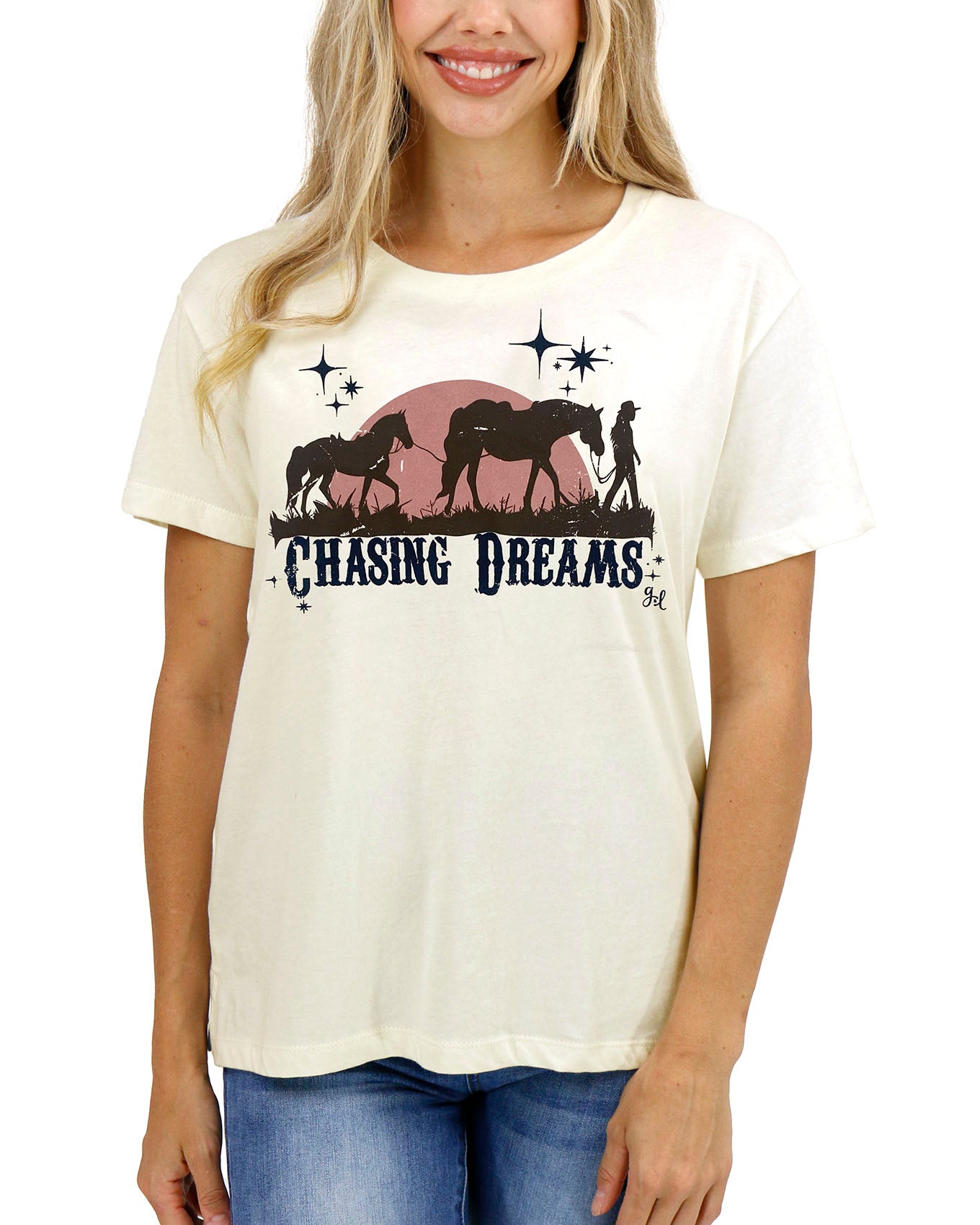 front view stock shot of chasing dreams graphic tee