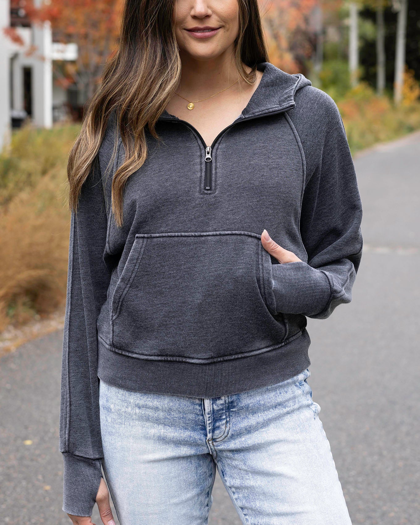 Vintage Washed Quarter Zip Hoodie in Washed Grey