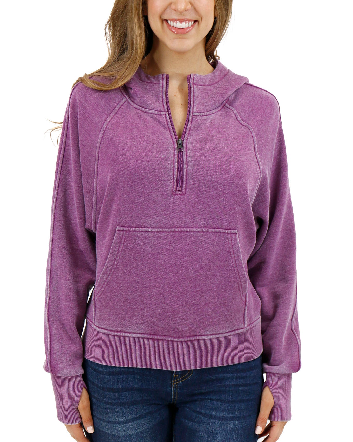 Front view stock shot of Washed Purple Vintage Wash Quarter Zip Hoodie