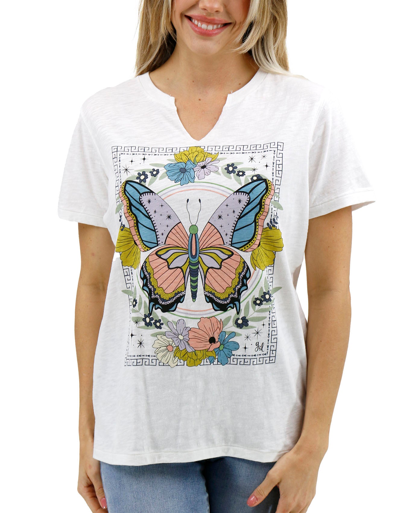 Front stock shot of Butterfly Notched Neck Washed & Worn Graphic Tee