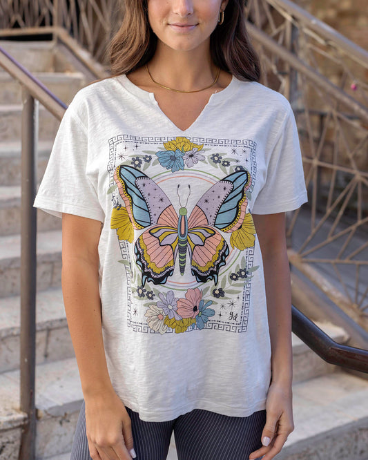 Front view of Butterfly Notched Neck Washed & Worn Graphic Tee