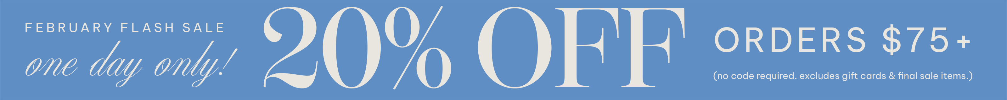 Promotional banner with 20% off text for orders over $75, featuring a blue and white color scheme.