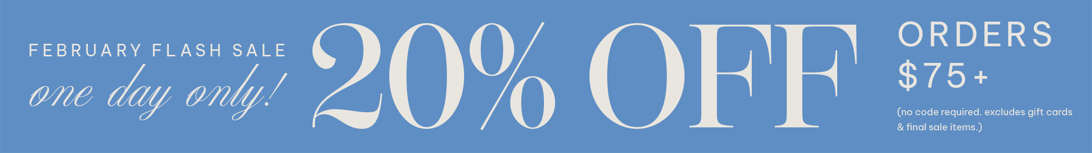 Promotional banner with 20% off text on a blue background