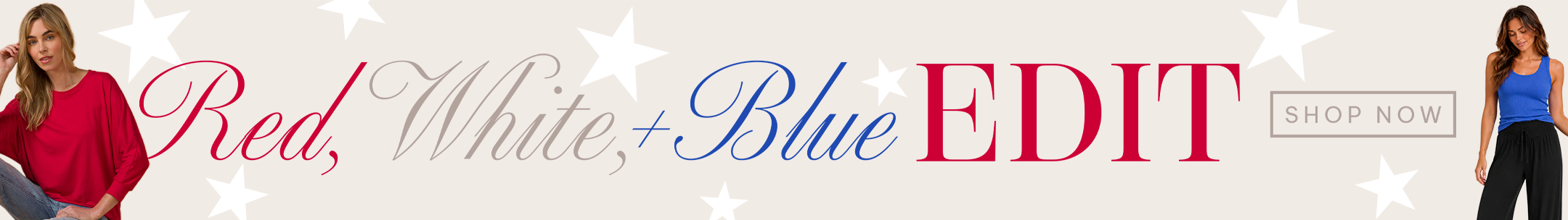 Promotional banner for 'Red, White & Blue Edit' with two women and a 'Shop Now' button.