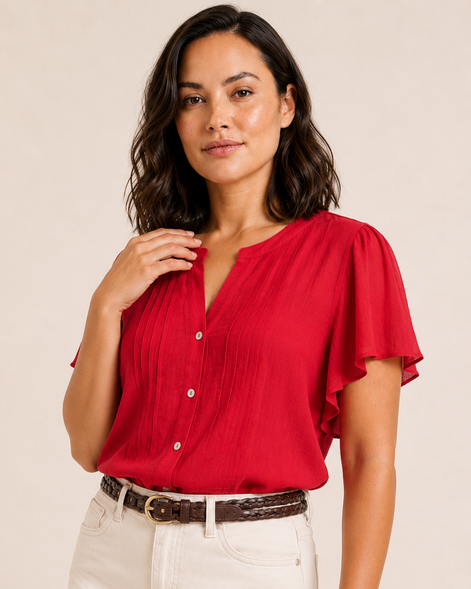 Close-up of a woman wearing a red flutter-sleeve blouse with pintuck details, button-front accents, and natural shorts on a beige background
