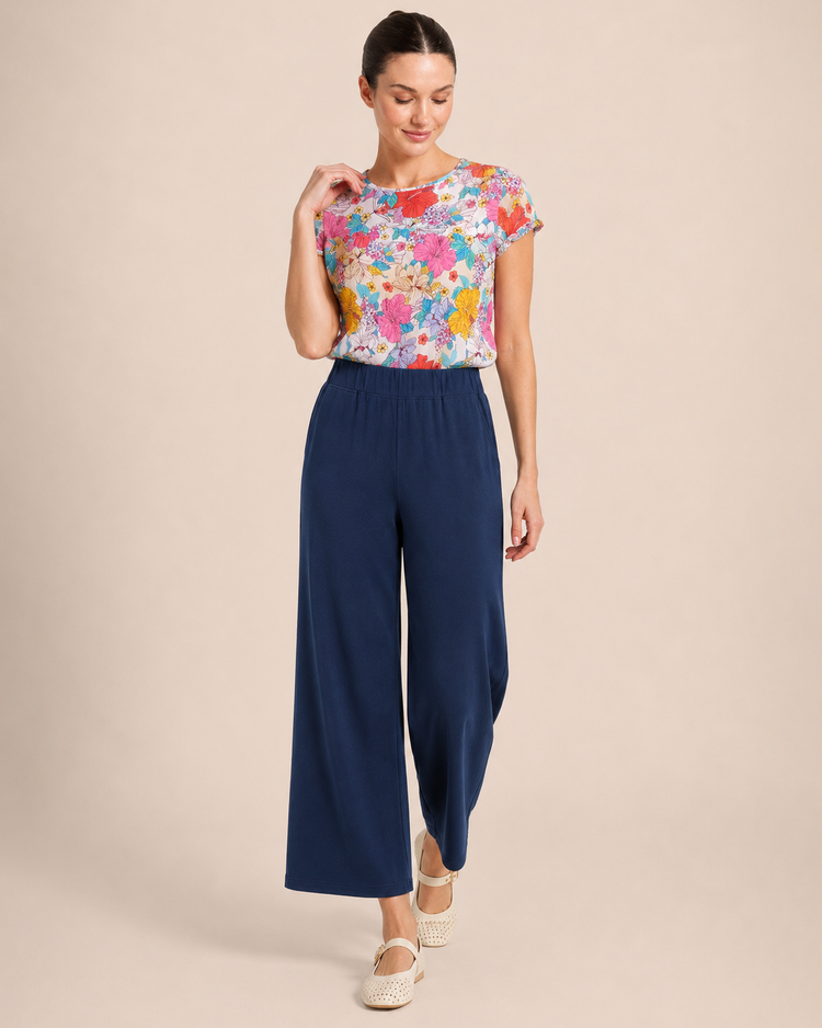 Pastel Floral Sweet Sangria Top with Weekend Ease Cropped Pant in Navy