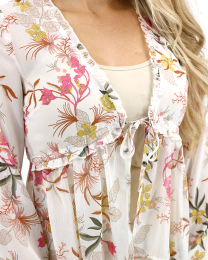 Close up stock shot of Ivory Floral Whimsical Tie Front Blouse