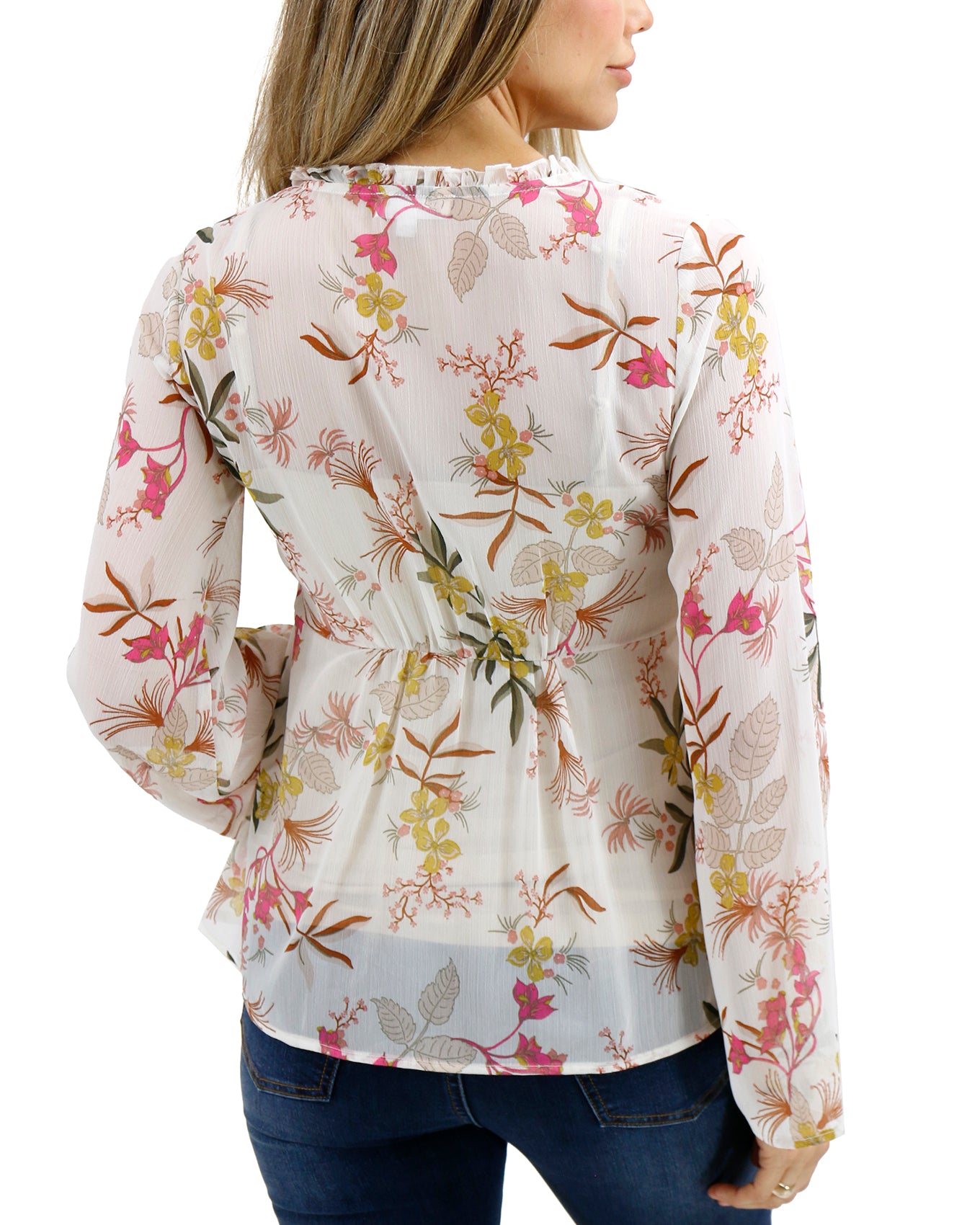 Back stock shot of Ivory Floral Whimsical Tie Front Blouse