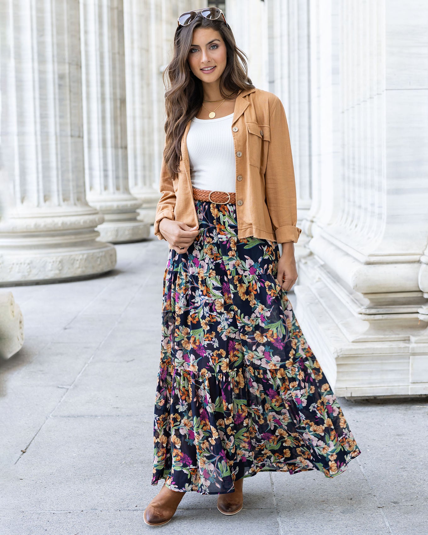 full body view of wild fields autumn floral maxi skirt