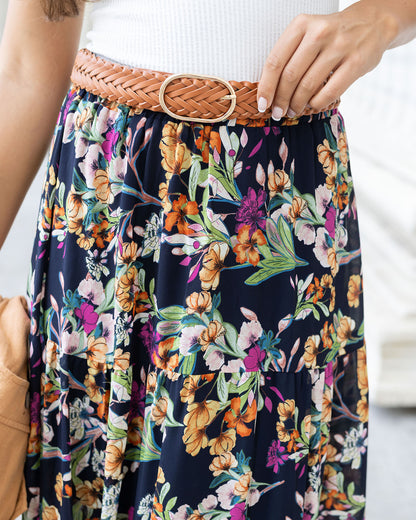 close up view of wild fields autumn floral maxi skirt