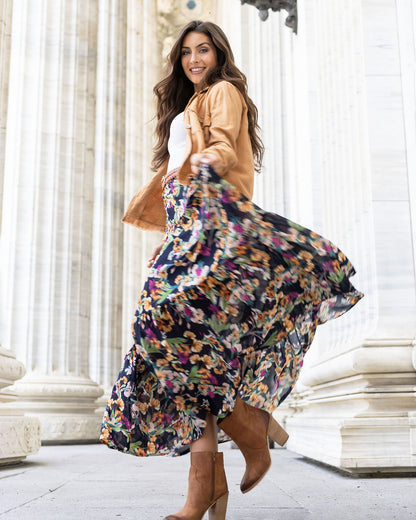 styled view of wild fields autumn floral maxi skirt