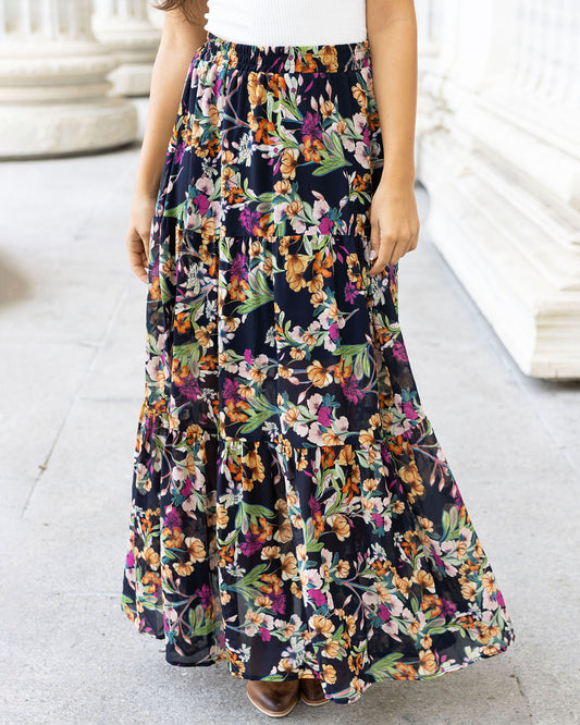 front view of wild fields autumn floral maxi skirt