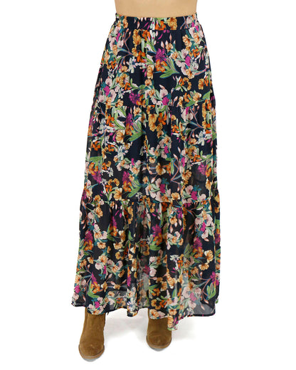 front view stock shot of wild fields autumn floral maxi skirt