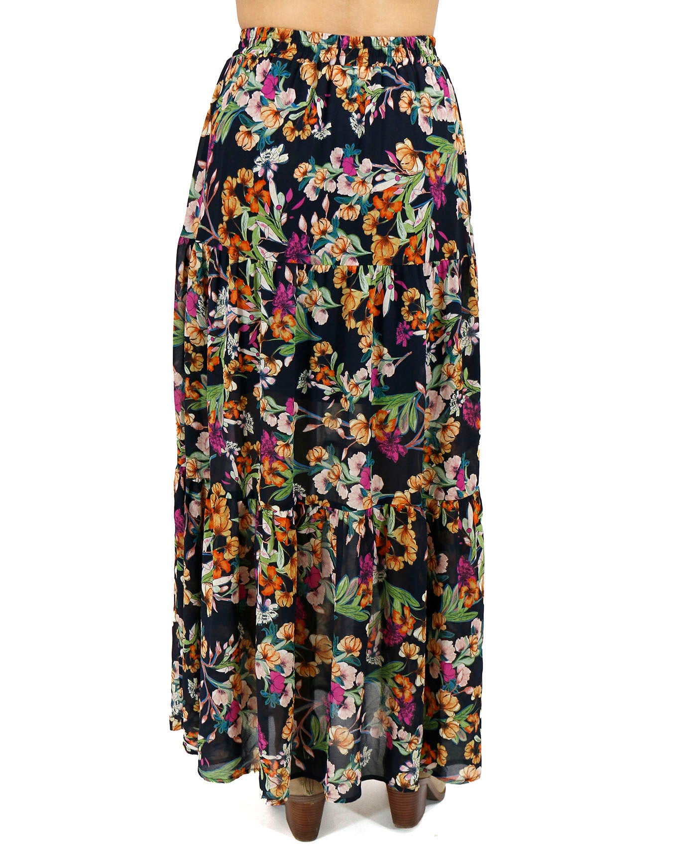 back view stock shot of wild fields autumn floral maxi skirt