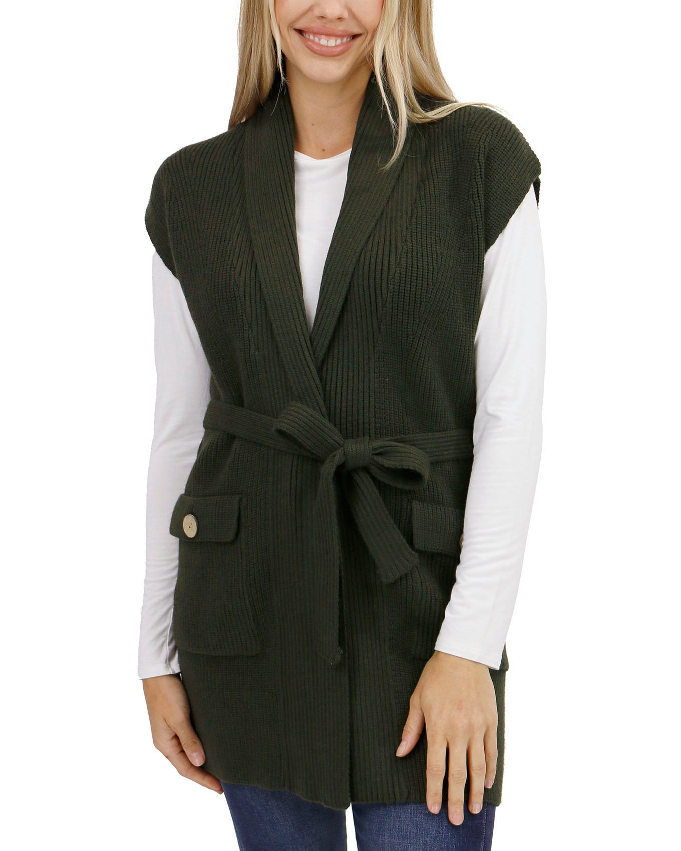 front view stock shot of forest night long sweater vest