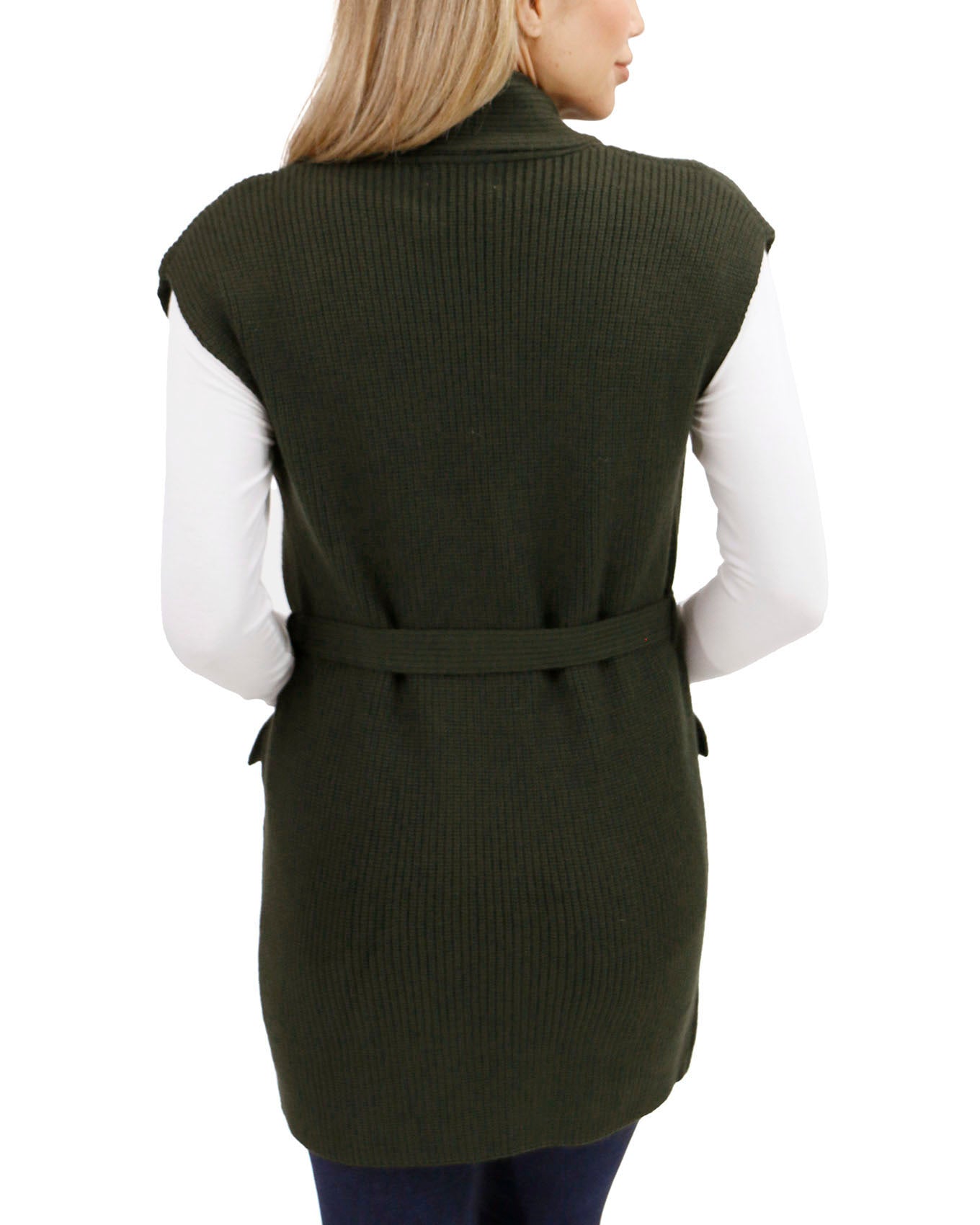 back view stock shot of forest night long sweater vest