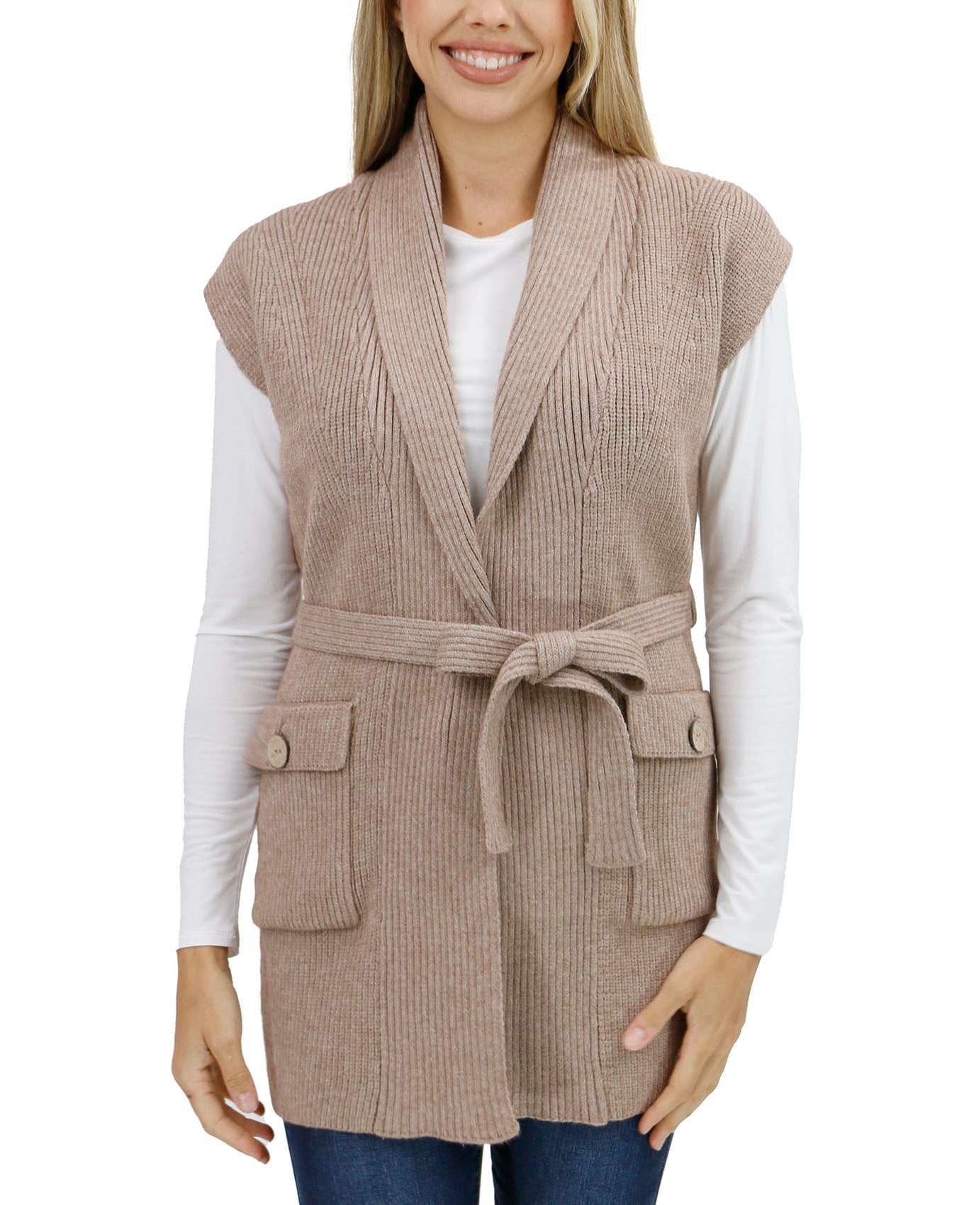 front view stock shot of oat long sweater vest